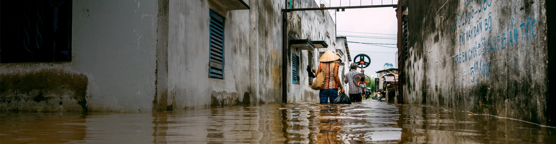 flooded village after heavy rain in Asia -