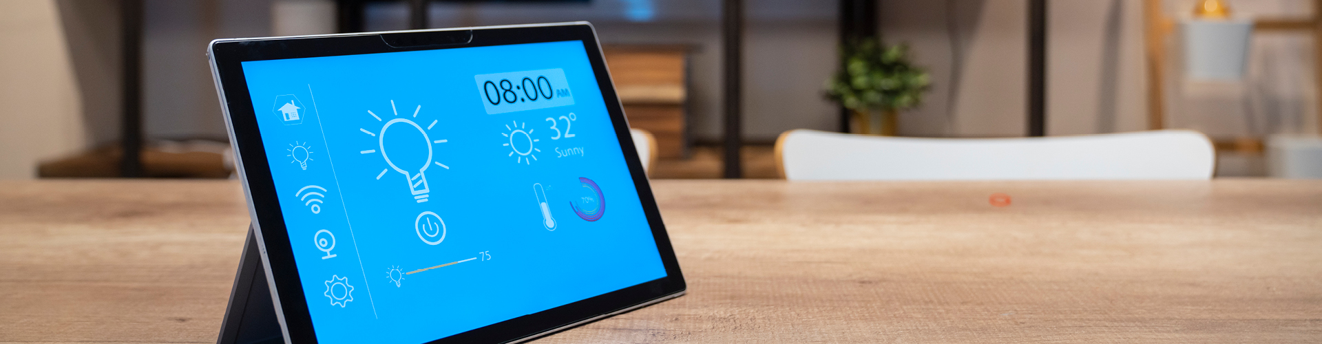 iPad screen showing weather temperature, time and battery percentage settings