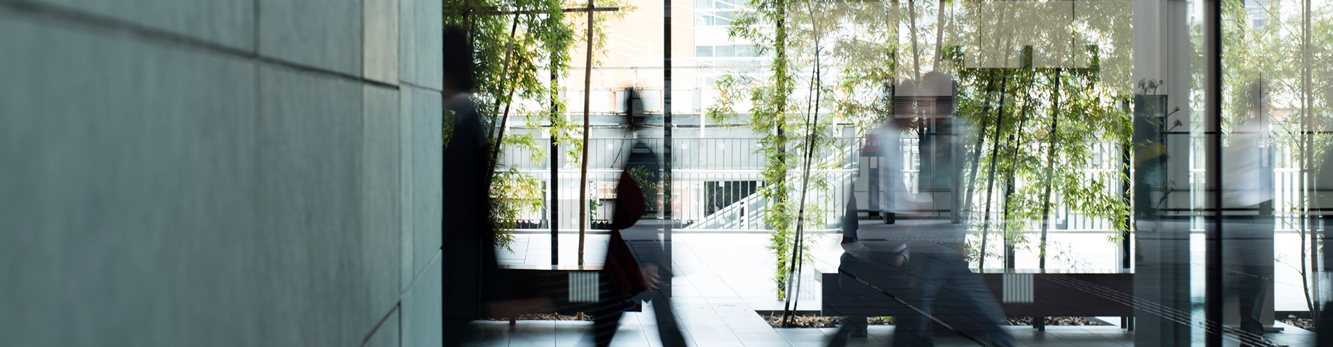 Blurred figures walking against window background