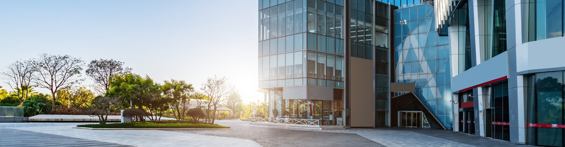 Glass office block with trees out the front