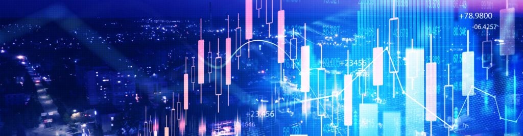 Investment performance chart with cityscape background