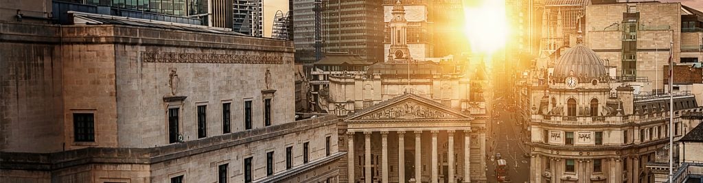 View over London Stock Exchange at sunrise