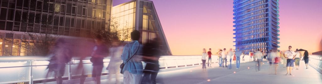 City scene with people walking