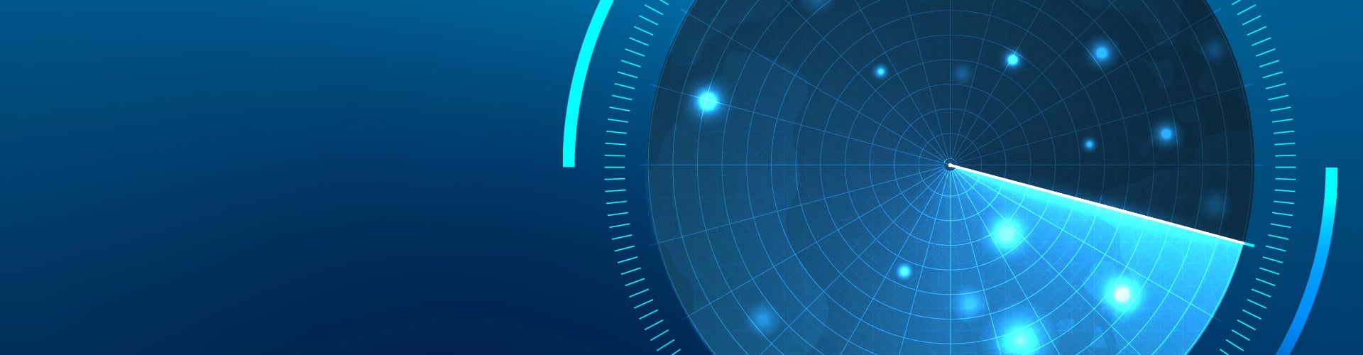 Radar screen with a blue background, showing concentric circles and radial lines, a sweeping white beam, and several bright blue dots indicating detected objects.