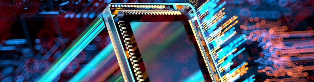 Zoomed in colourful picture of microchip technology