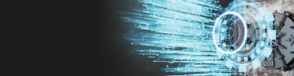 An open bank vault overlaid with blue digital light streams and circular data graphics, illustrating cybersecurity, secure data exchange, and advanced financial technology.