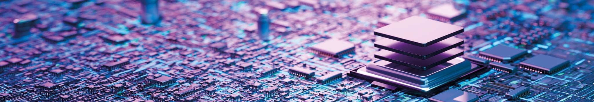 Zoomed in image of a motherboard with a stack of technology chips, with a purple tint