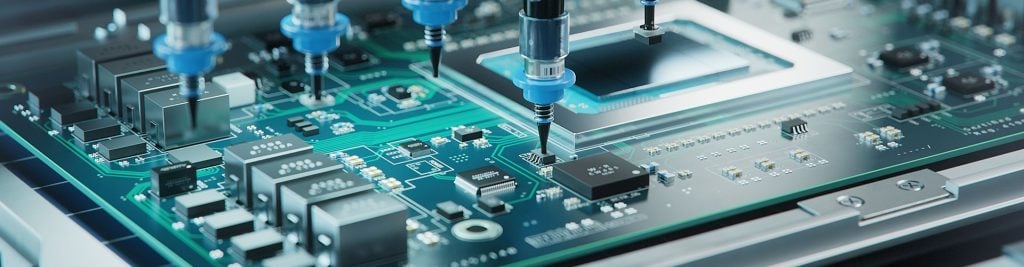 Close-up of an automated electronics manufacturing process, with robotic tools placing and soldering components onto a printed circuit board