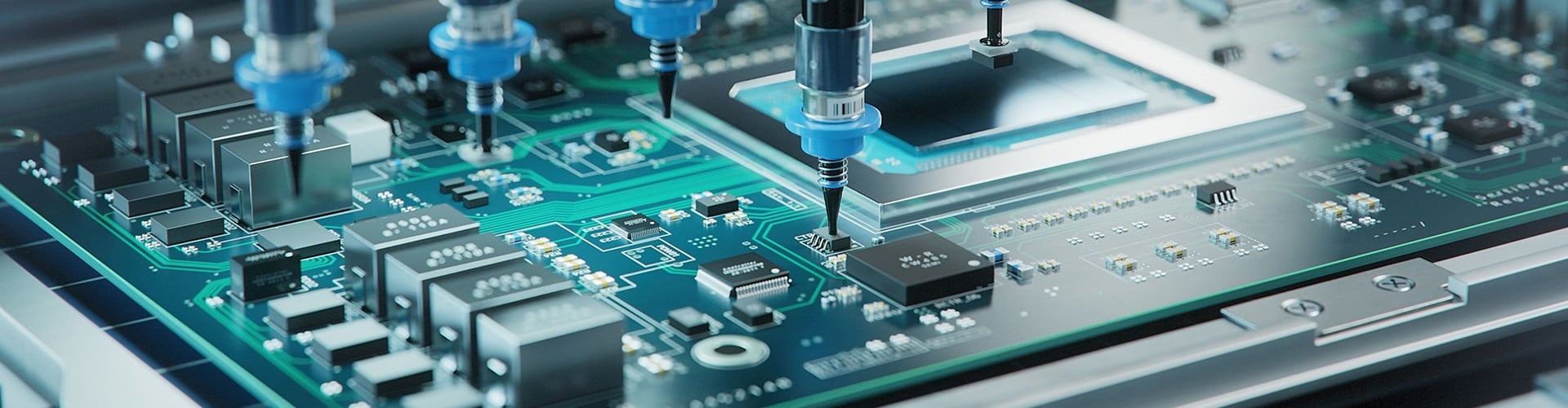 Close-up of an automated electronics manufacturing process, with robotic tools placing and soldering components onto a printed circuit board