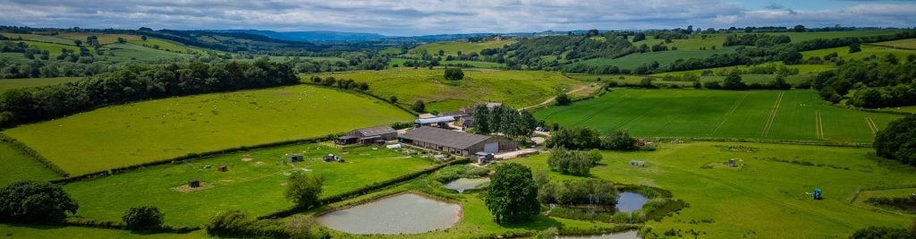 Farm in the middle of rolling green fields, beneath a cloudy but bright sky