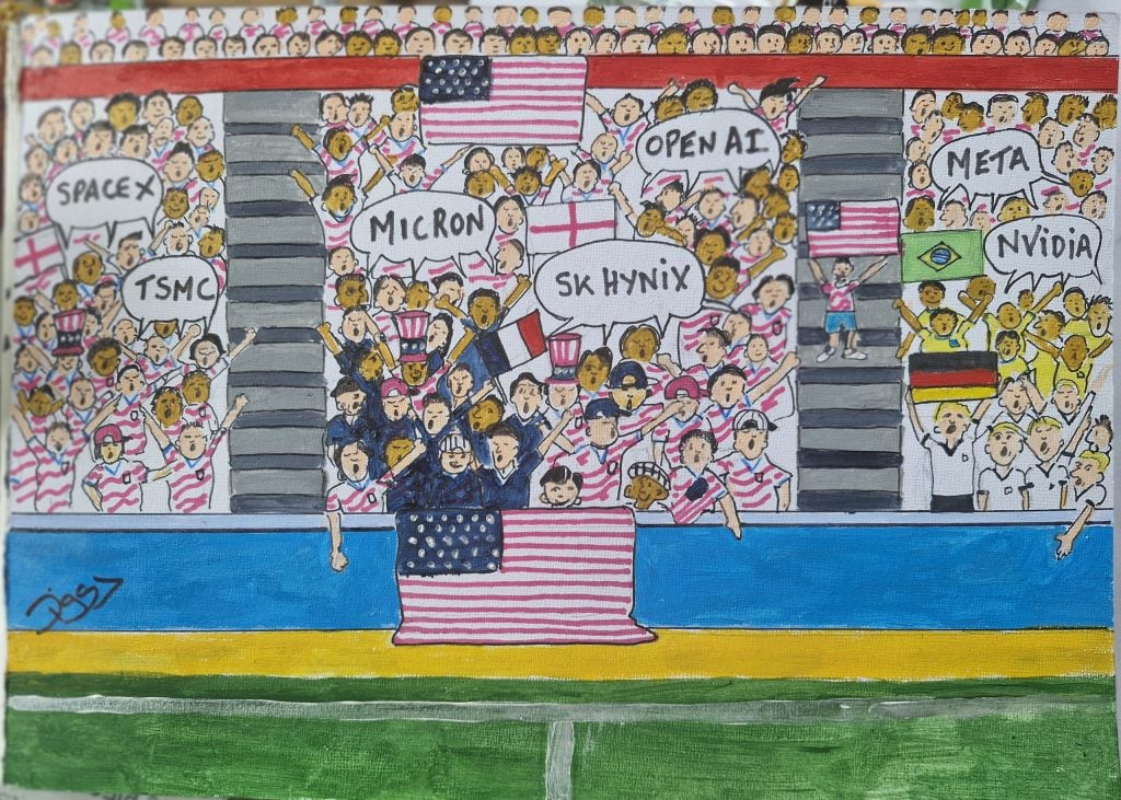 Hand-drawn cartoon of a packed sports stadium crowd waving national flags and holding signs with technology company names including OpenAI, Nvidia, Meta, Micron, SK Hynix, TSMC and SpaceX