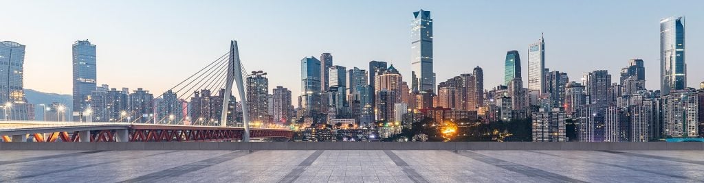 City skyline and the Qiansimen Bridge over the Jialing River in Chongqing, China