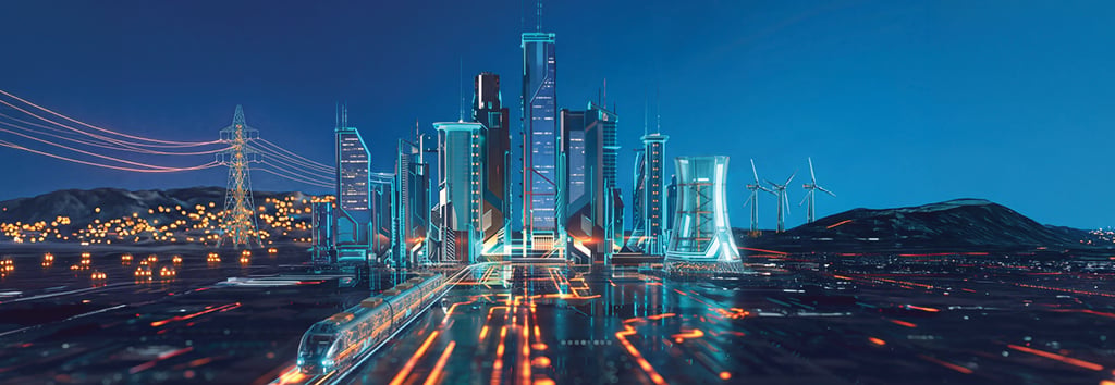 Lit-up technology motherboard leading to futuristic city against mountain backdrop