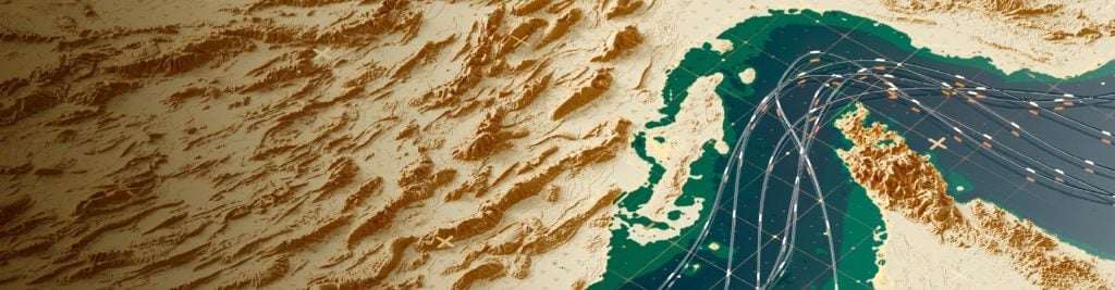 Stylized topographic map showing mountainous terrain and a coastal region connected by multiple curved routes, illustrating global connectivity, trade, or investment flows across geographic landscapes.