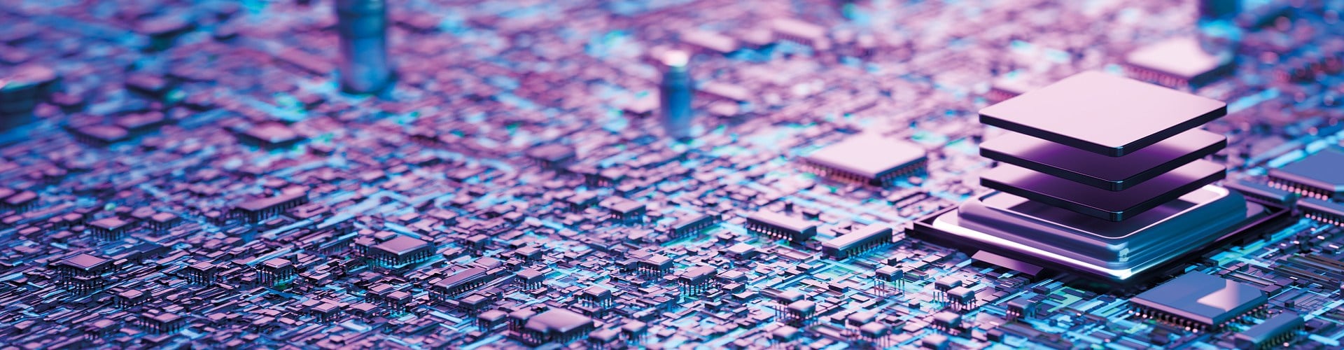 Zoomed in image of a motherboard with a stack of technology chips, with a purple tint