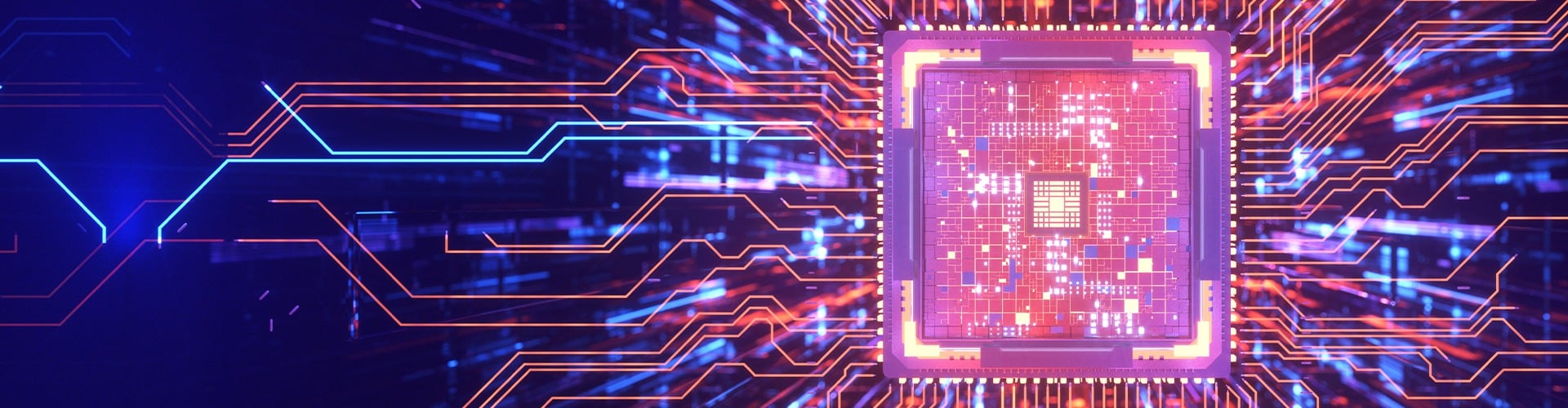 Pink microchip with colourful motherboard behind it