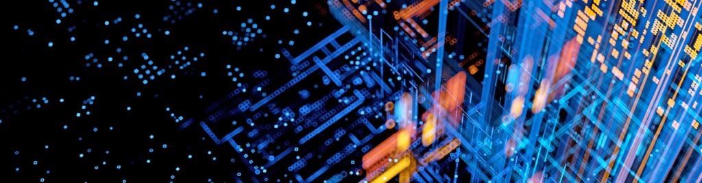Abstract AI and data analytics visualization with blue and orange digital graphics.