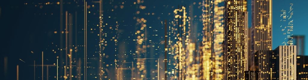 Futuristic digital cityscape with glowing golden lights