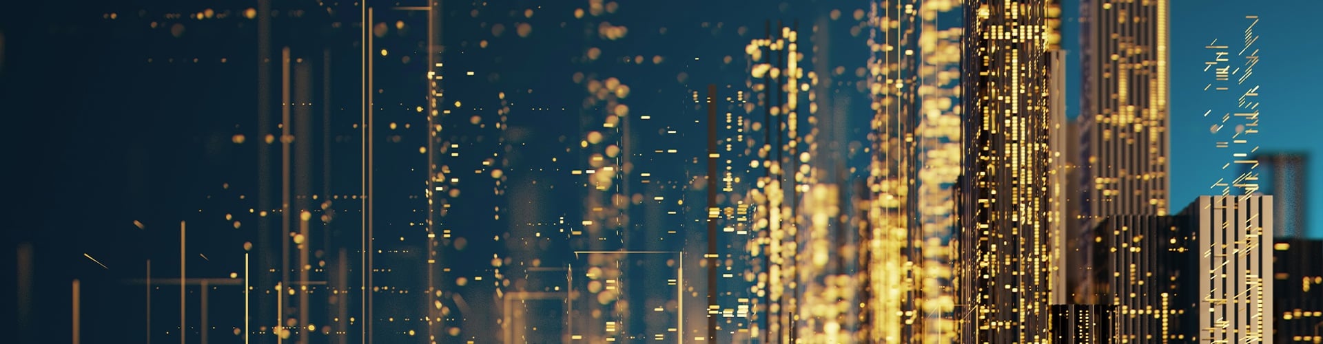 Futuristic digital cityscape with glowing golden lights