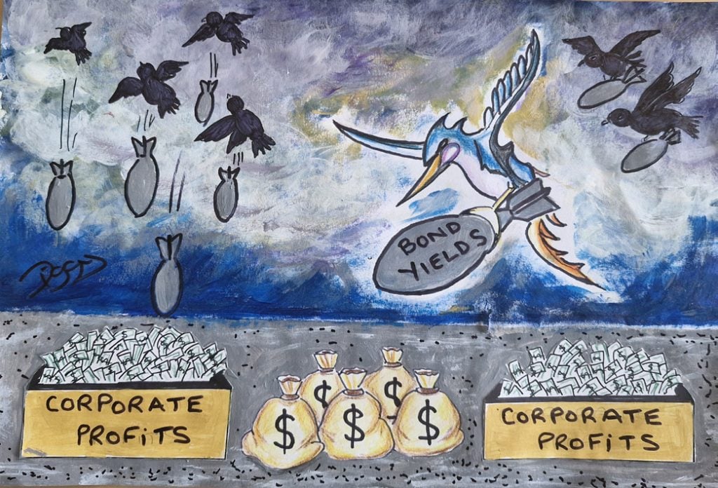 Illustration of Pyrford mythical creature logo carrying a bomb labelled "Bond Yields" while black birds drop bombs overhead. Below, two boxes labelled "Corporate Profits" are filled with money, alongside bags of cash, symbolising the impact of rising bond yields on corporate profits.