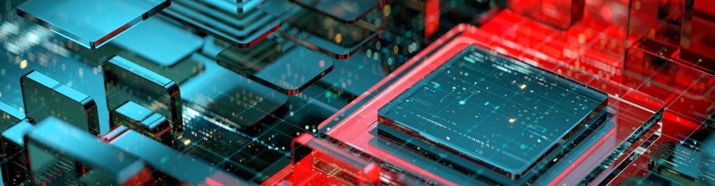 Zoomed in microchip with red and metallic coloured background