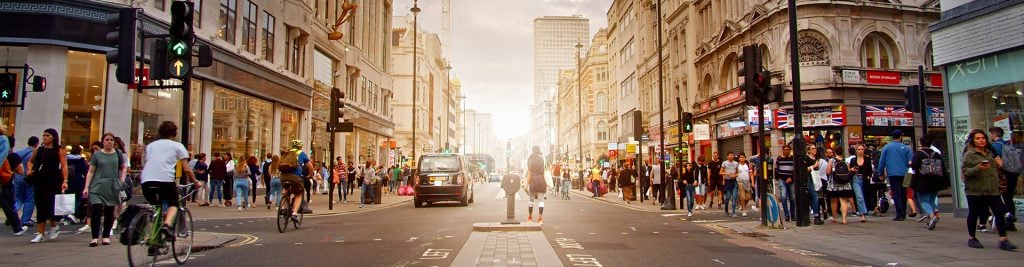 View of busy London street at sunrise