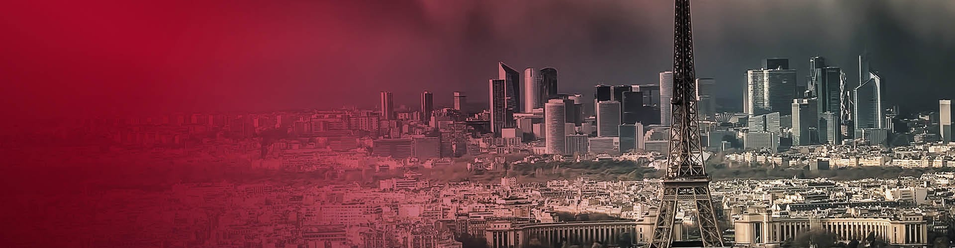Panoramic view of the Paris skyline featuring the Eiffel Tower in the foreground and modern high-rise buildings in the background, with a red gradient overlay on the left.